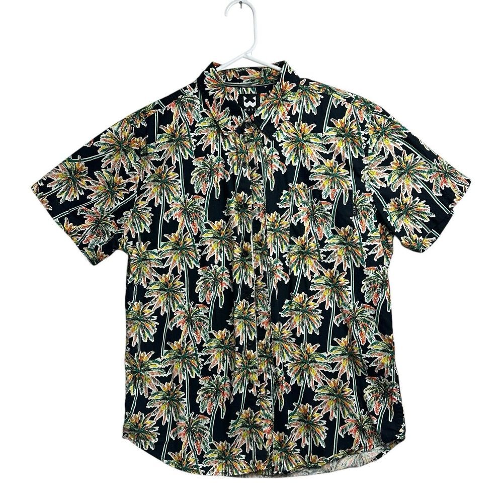 Hawaiian Shirt Mens Medium Button Up Palm Trees Blue Green Black Tropical WXYZ